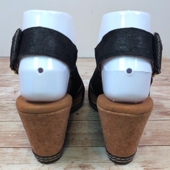 Clarks Nubuck Leather Velcro Slingback Open Toe Ortholite Black Tan Wedge 6.5 - Picture 5 of 16